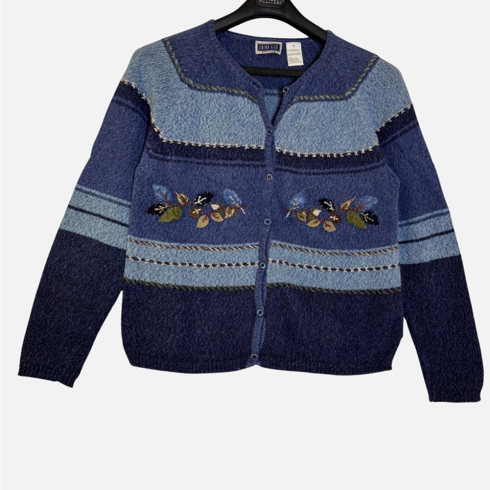 VTG Embroidered Autumn Leaves Knit Cardigan PM Fall Blue Cottagecore